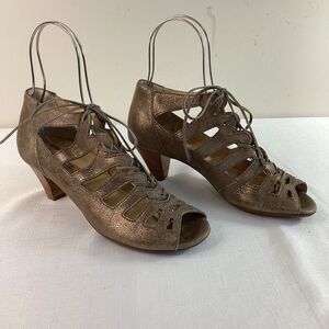 Paul Green Leather Metallic Lace-up Stacked heel Sandals Size 7 (38)